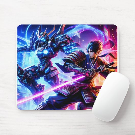 CyberSamurai vs. Mech Warrior-Neon Battle Mousepad (Mit Mouse)