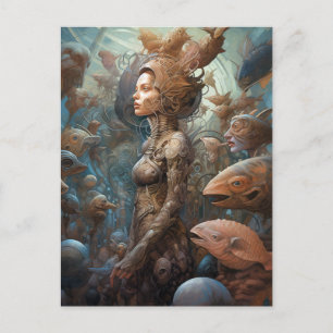 Cyborg-Frau umgeben von Kreaturen Postkarte