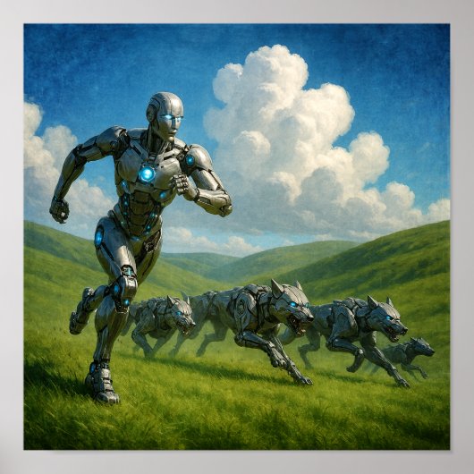 Cyborg und Roboterwölfe laufen Poster (Vorne)