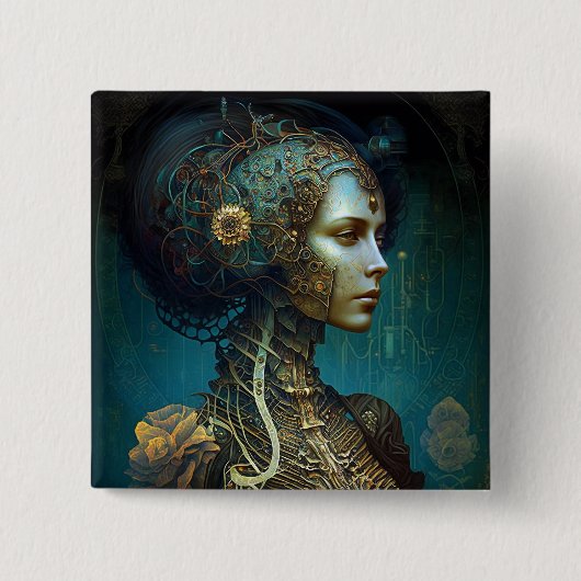 Cyborg Woman Fantasy Sci-Fi Art Button (Vorderseite)