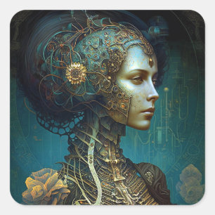 Cyborg Woman Fantasy Sci-Fi Art Quadratischer Aufkleber