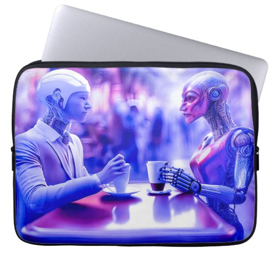 Cyborgs essen Getränke bei Straßenkaffee (AI) Laptopschutzhülle (Vorderseite)