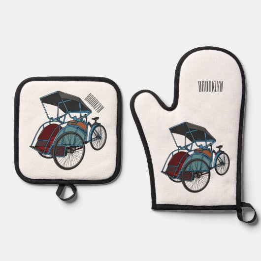 Cycle Rickshaw Cartoon Illustration Ofenhandschuh & Topflappen-Set (Vorderseite)