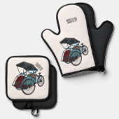 Cycle Rickshaw Cartoon Illustration Ofenhandschuh & Topflappen-Set (Vorderseite/Rückseite)