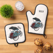 Cycle Rickshaw Cartoon Illustration Ofenhandschuh & Topflappen-Set (Oben Unten)