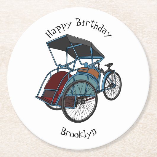 Cycle Rickshaw Cartoon Illustration Runder Pappuntersetzer (Vorderseite)