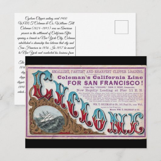 Cyclone Clipper Segelschiffe 1900 Postkarte (Vorne/Hinten)