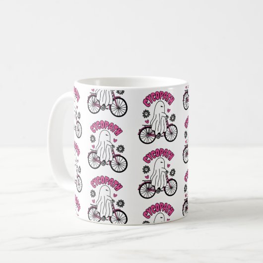 Cycopath Halloween Ghost on Pink Bicycle Kaffeetasse (Vorderseite Links)