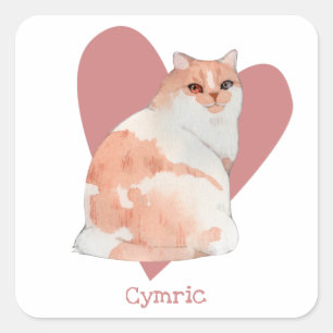 Cymric Cat Watercolor Kitty Pink Herz Quadratischer Aufkleber