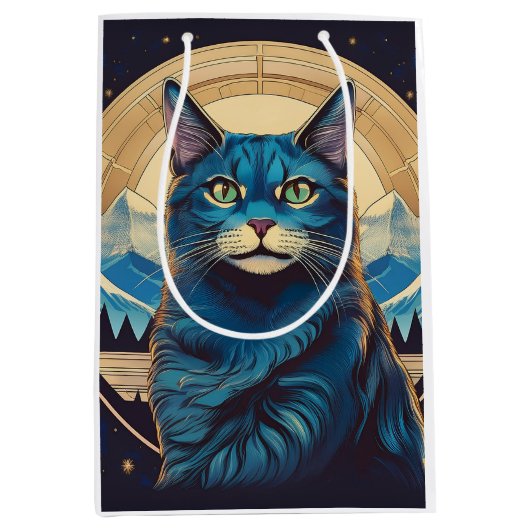 Cymric Cat With Mountain Backdrop Stars Mittlere Geschenktüte (Vorderseite)