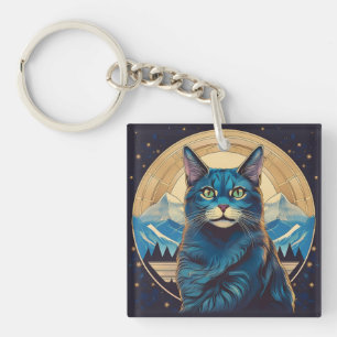 Cymric-Katze mit Bergkulisse Sterne Schlüsselanhänger