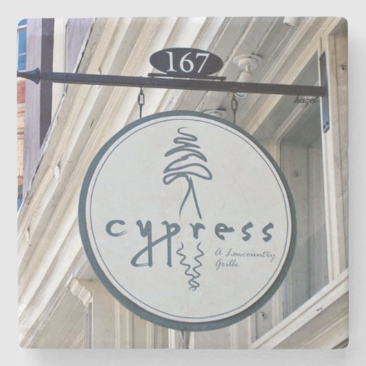 Cypress Restaurant Charleston, SC. Marmorierter Un Steinuntersetzer (Vorderseite)