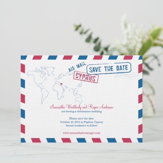 Cyprus Air Mail Wedding Save the Date (Stehend Vorderseite)