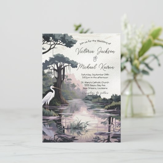 Cyprus Tree Crane Bayou Wedding Einladung (Stehend Vorderseite)
