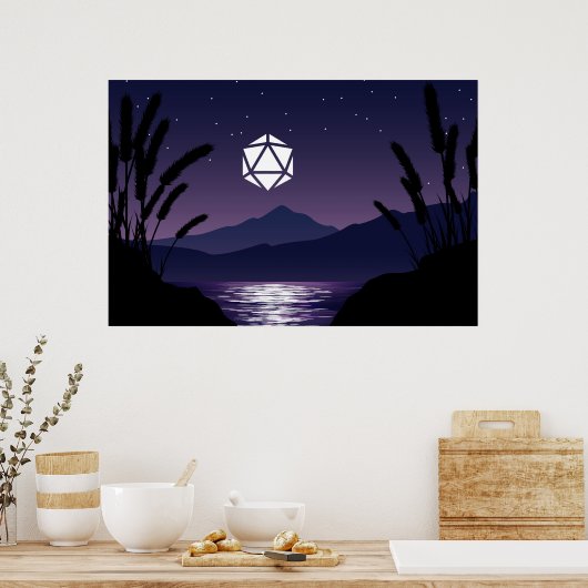 D20 Dice Moon Beach Reflection Tabletop RPG Poster (Küche)