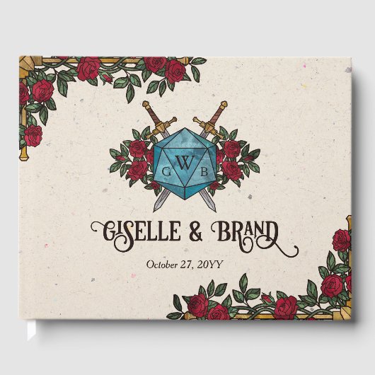 D20 Monogramm-Rosen RPG-Hochzeit Gästebuch (Vorderseite)