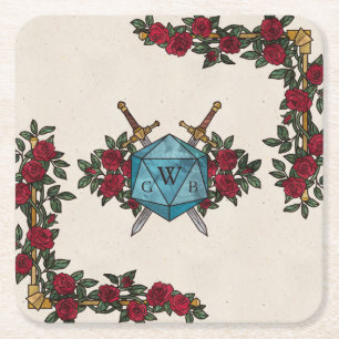 D20 Monogramm-Rosen RPG-Hochzeit Rechteckiger Pappuntersetzer