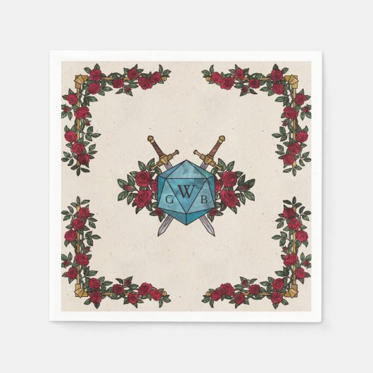D20 Monogramm-Rosen RPG-Hochzeit Serviette (Vorderseite)