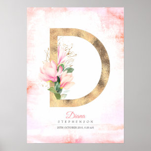 D Brief Monogramm Goldene Blätter Rosa Magnolie Bl Poster