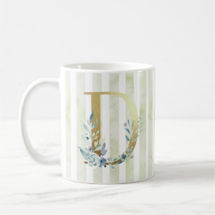 D Golden Initial auf blau-weiß Streifen Kaffeetasse