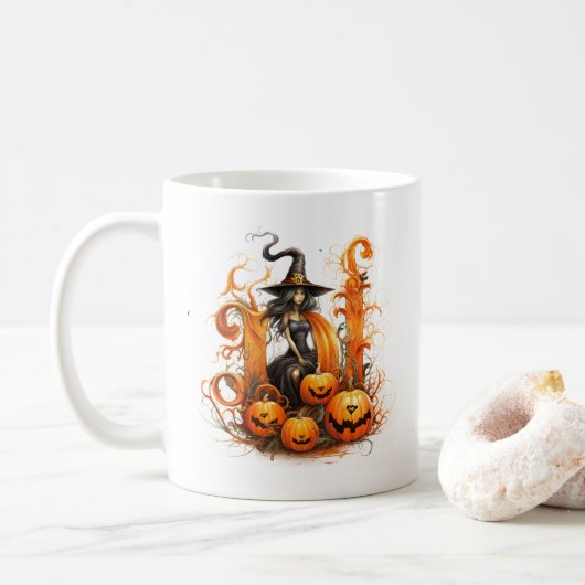 D Hexe in einem Kürbis: Halloween Cup - Typ D Kaffeetasse (Mit Donut)