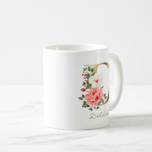 D Letter Gold Monogram | Rosa grüne Blume Kaffeetasse (VorderseiteRechts)