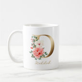 D Letter Gold Monogram | Rosa grüne Blume Kaffeetasse (Links)