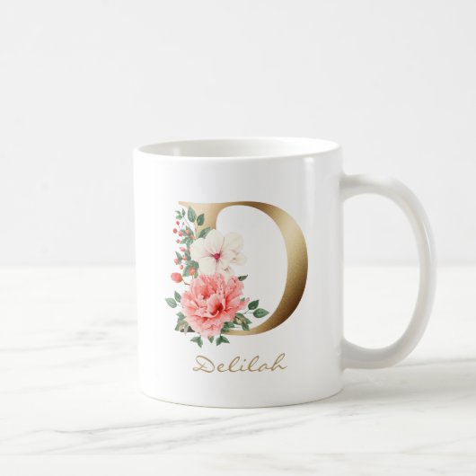 D Letter Gold Monogram | Rosa grüne Blume Kaffeetasse (Rechts)