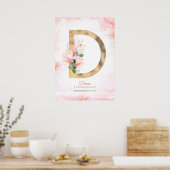 D Letter Monogram Gold Blätter Pink Magnolia Flora Poster (Küche)