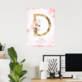 D Letter Monogram Gold Blätter Pink Magnolia Flora Poster (Heimbüro)