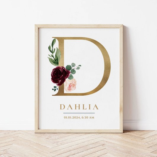 D Letter Monogram Name Marsala Floral Kinderzimmer Poster