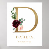 D Letter Monogram Name Marsala Floral Kinderzimmer Poster (Vorne)