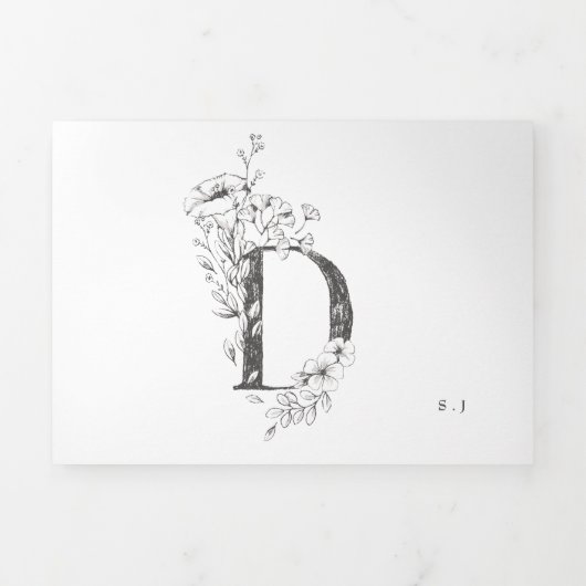 'D' Monogram Schöne gezeichnete Blumenhochzeit Dreifach Gefaltete Einladung (Cover)