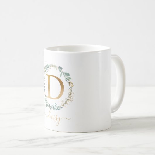 D Monogramm, kundenspezifischer Blattkranz Kaffeetasse (VorderseiteRechts)