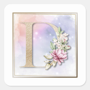 D Monogramm Pink Floral Quadratischer Aufkleber