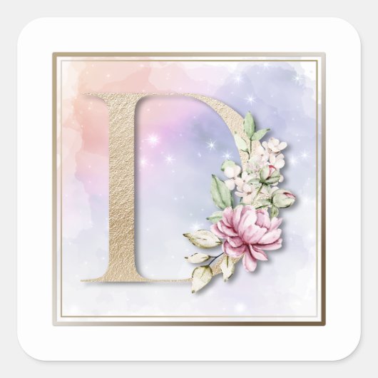 D Monogramm Rosa Blumen Quadratischer Aufkleber (Vorderseite)