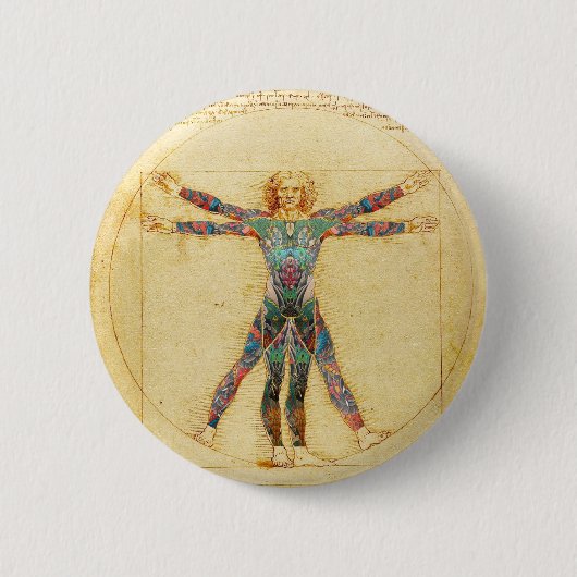 Da Vincis Vitruvian Mann mit Tätowierungen Button (Vorderseite)