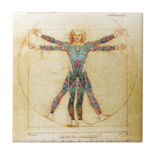 Da Vincis Vitruvian Mann mit Tätowierungen Fliese (Vorderseite)