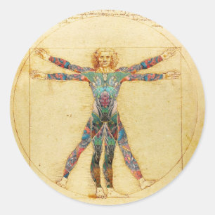 Da Vincis Vitruvian Mann mit Tätowierungen Runder Aufkleber
