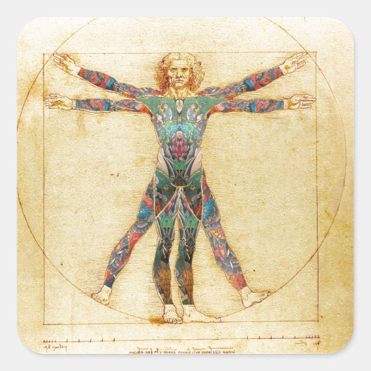 Da Vinci's Vitruvian Mann mit Tattoos Quadratischer Aufkleber (Vorderseite)