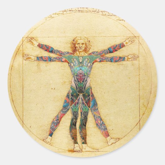 Da Vinci's Vitruvian Mann mit Tattoos Runder Aufkleber (Vorderseite)
