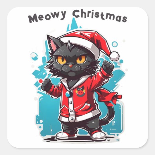 Dabbing Black Cat: Meowy Weihnachtsfeierlichkeiten Quadratischer Aufkleber (Vorderseite)