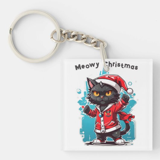 Dabbing Black Cat: Meowy Weihnachtsfeierlichkeiten Schlüsselanhänger (Vorderseite)