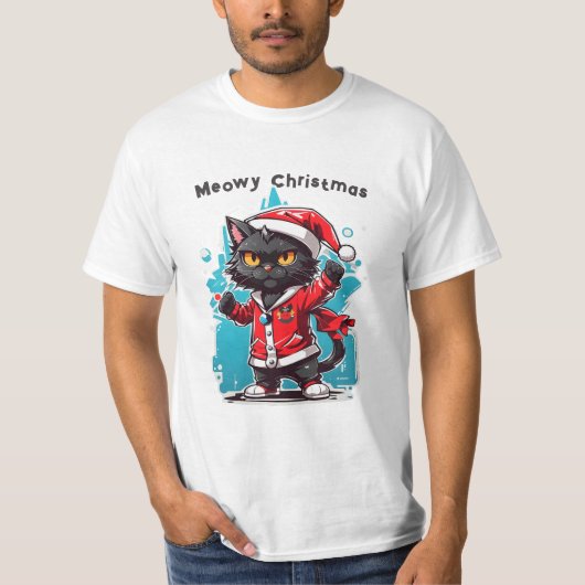 Dabbing Black Cat: Meowy Weihnachtsfeierlichkeiten T-Shirt (Vorderseite)