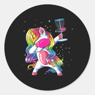 Dabbing Einhorn spielt Disc Golf Spieler Liebhaber Runder Aufkleber