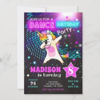 Dabbing Einicorn Geburtstagseinladung / Tanz-Party Einladung