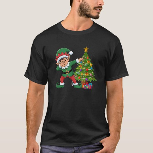 Dabbing Elf Christmas Tree Lights Funny Girls Boys T-Shirt (Vorderseite)