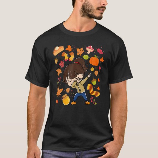 Dabbing Girl Autumn Maple Pumpkin Fall Saison Leav T-Shirt (Vorderseite)
