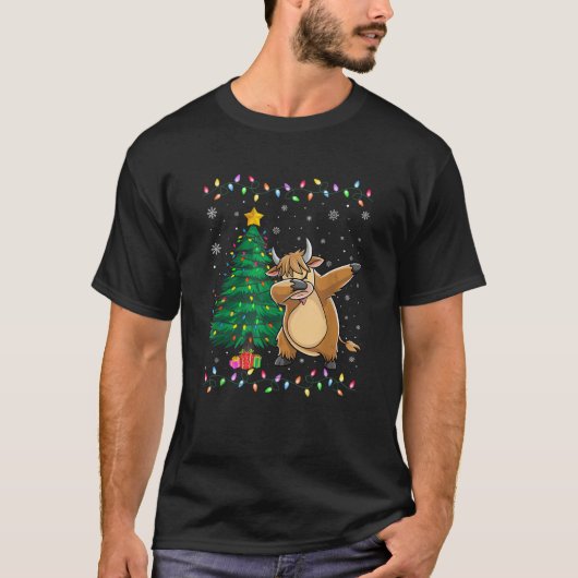 Dabbing Highland Cow Xmas Tree Lights Ugly Christm T-Shirt (Vorderseite)