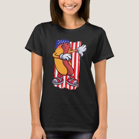 Dabbing Hot Dog Dancing Food Flag 4th July Themed T-Shirt (Vorderseite)